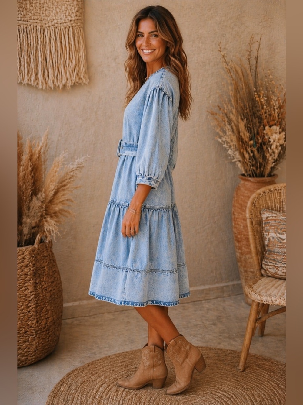 Front Row by Sara & Goldy Boho Denim Belted Midi Dress – Tiered | Puff Sleeve - Picture 3 of 12